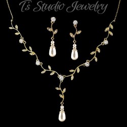Gold Pearl & Crystal Vine Leaf Design Jewelry Set