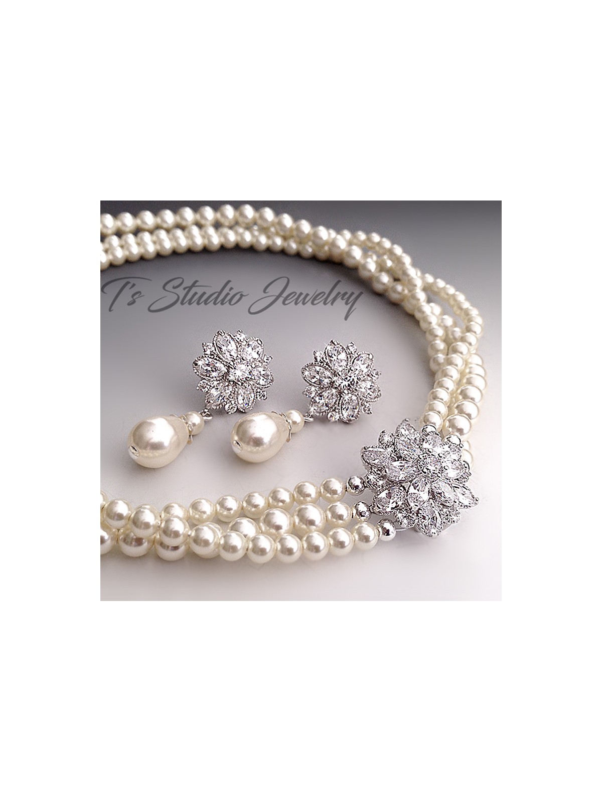 CZ Crystal Flower & Pearl Bridal Necklace and Earrings Set