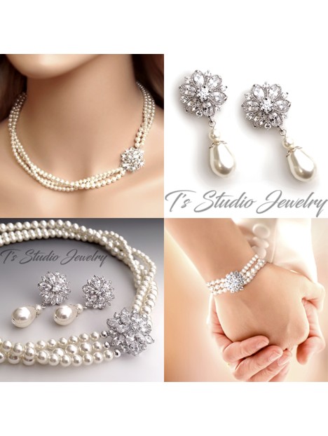 CZ Crystal Flower & Pearl Bridal Necklace, Earrings & Bracelet Set