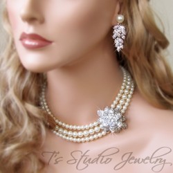 3-Strand Pearl Bridal Necklace with Crystal Focal