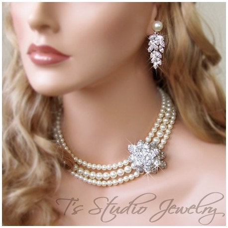 4 strand pearl rhinestone necklace,pearl bridal necklace,vintage look rhinestone choker,cascading rhinestone with pearls,Hollywood Glamour