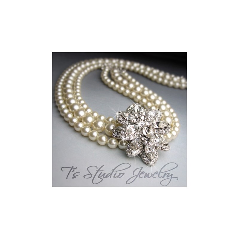 3-Strand Pearl Bridal Necklace with Crystal Flower Center 3-Strand Pearl Bridal Necklace with Crystal Flower Center