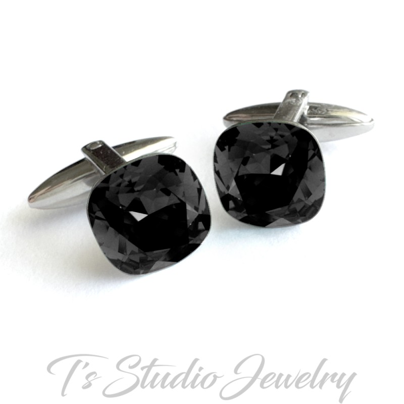 Jet Black Cushion Cut Swarovski Crystal Cufflinks