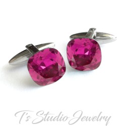 Fuchsia Raspberry Rose Pink Cushion Cut Crystal Cufflinks