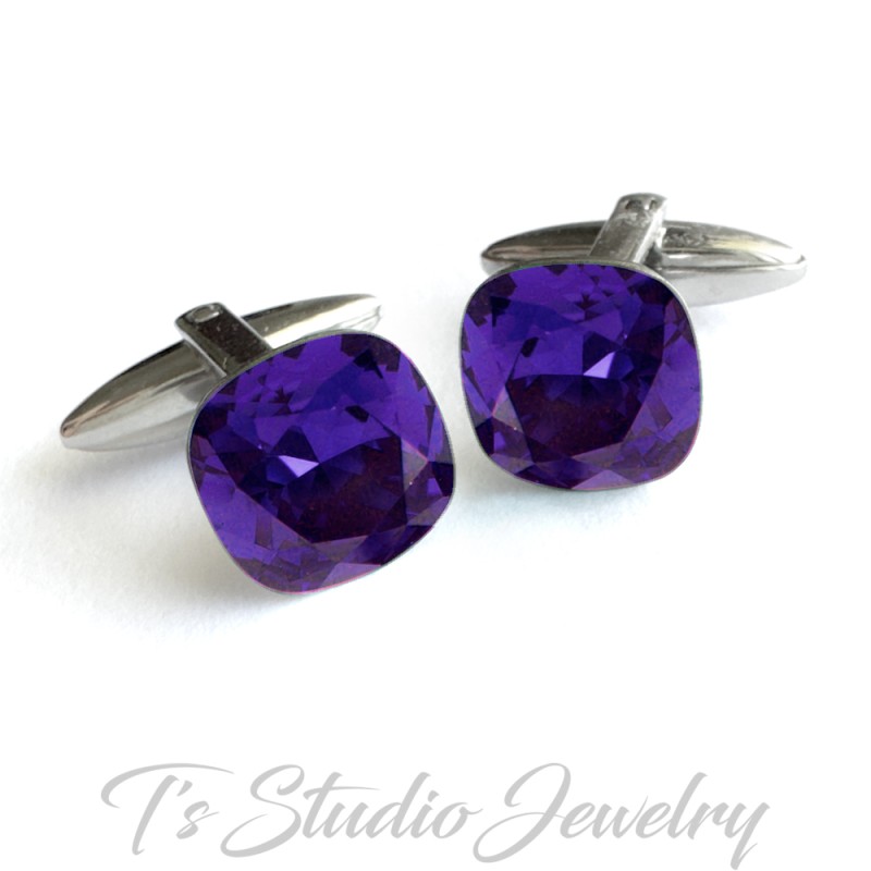 Dark Purple Velvet Swarovski Cushion Cut Crystal Cufflinks