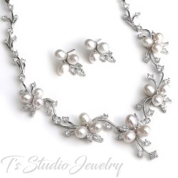 Freshwater Pearl and Cubic Zirconia Crystal Rhinestone Necklace Earrings and Bridal Wedding Jewelry Set