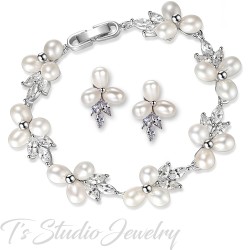 Freshwater Pearl and Cubic Zirconia Crystal Rhinestone Necklace Earrings and Bridal Wedding Jewelry Set