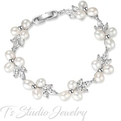 Freshwater Pearl and Cubic Zirconia Crystal Rhinestone Bridal Bracelet, Wedding Jewelry for Bride, Bridesmaid, Mother of Bride