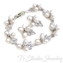 Pearl and Cubic Zirconia Crystal Bridal Bracelet and Earrings Set, Wedding Jewelry for Bride, Bridesmaid, Mother of Bride