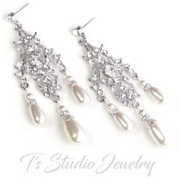 Romantic Vintage Style Rhinestone Crystal and Pearl Chandelier Bridal Earrings - White or Ivory Swarovski Pearl Wedding Jewelry