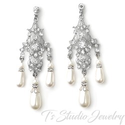 Romantic Vintage Style Rhinestone Crystal and Pearl Chandelier Bridal Earrings - White or Ivory Swarovski Pearl Wedding Jewelry