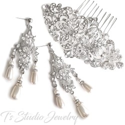 Romantic Vintage Style Rhinestone Crystal and Pearl Chandelier Bridal Earrings - White or Ivory Swarovski Pearl Wedding Jewelry
