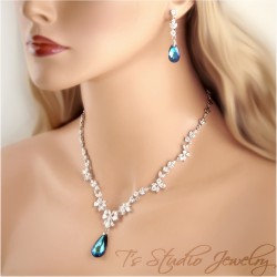 Something Blue Swarovski Crystal and Cubic Zirconia Bridal Wedding Necklace and Earring Set - Peacock Aqua Teal Jewelry Set