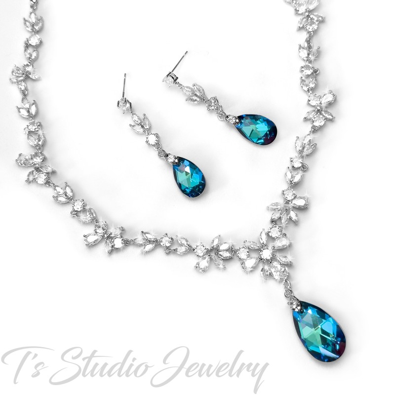 Something Blue Swarovski Crystal and Cubic Zirconia Bridal Wedding Necklace and Earring Set - Peacock Aqua Teal Jewelry Set Something Blue Swarovski Crystal and Cubic Zirconia Bridal Wedding Necklace and Earring Set - Peacock Aqua Teal Jewelry Set