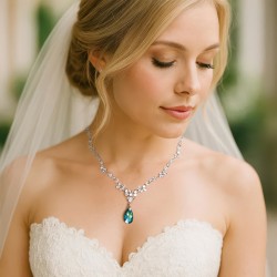 Something Blue Swarovski Crystal and Cubic Zirconia Bridal Wedding Necklace and Earring Set - Peacock Aqua Teal Jewelry Set