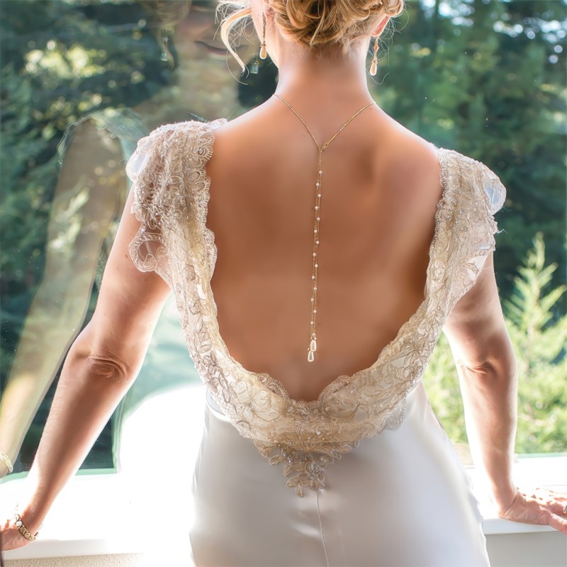 Pearl Back Drop Bridal Necklace & Earrings Wedding Jewelry Set with CZ crystals