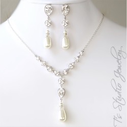 Pearl Back Drop Bridal Necklace & Earrings Wedding Jewelry Set with CZ crystals