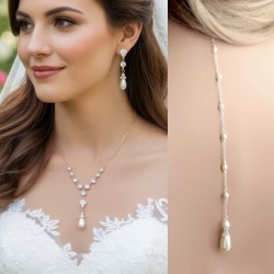 Pearl Back Drop Bridal Necklace & Earrings Wedding Jewelry Set with CZ crystals
