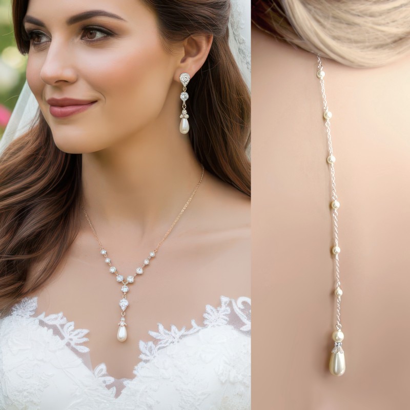 Pearl Back Drop Bridal Necklace & Earrings Wedding Jewelry Set with CZ crystals