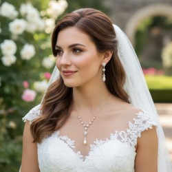 Teardrop Pearl Cubic Zirconia Bridal Necklace Earrings Wedding Jewelry Set - Silver or Gold