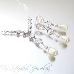 Teardrop Pearl Cubic Zirconia Bridal Necklace Earrings Wedding Jewelry Set - Silver or Gold