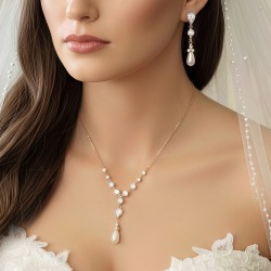 Teardrop Pearl Cubic Zirconia Bridal Necklace Earrings Wedding Jewelry Set - Silver or Gold