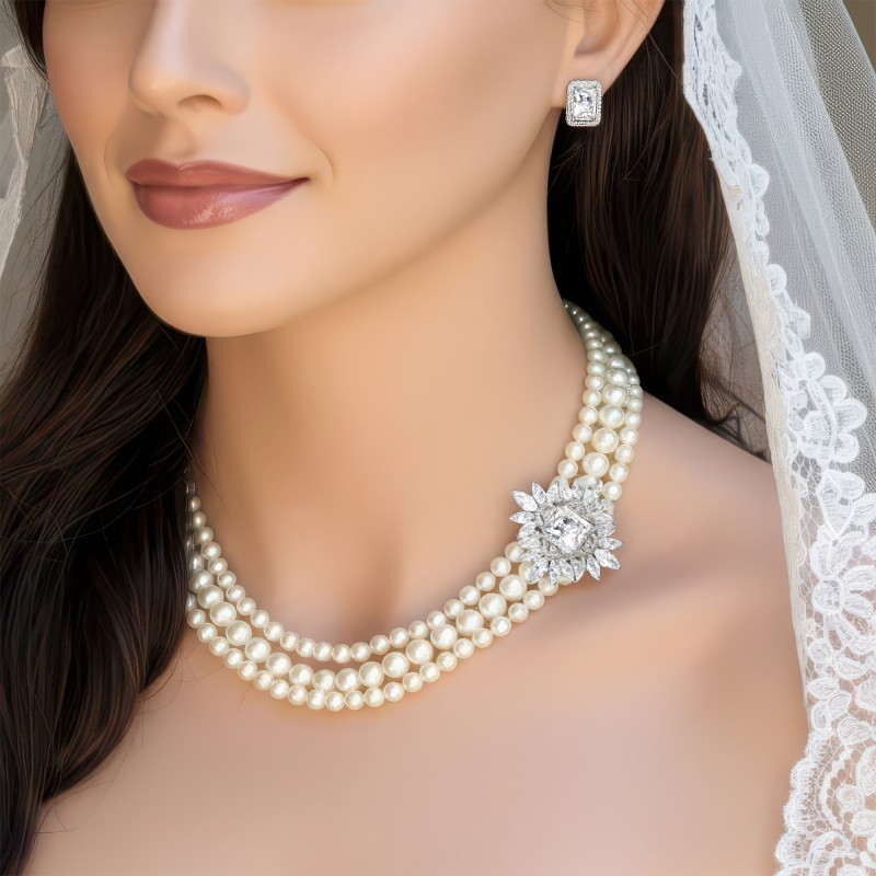 3 Strand Pearl Bridal Wedding Necklace with Offset Crystal Centerpiece 3 Strand Pearl Bridal Wedding Necklace with Offset Crystal Centerpiece