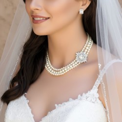 3 Strand Pearl Bridal Wedding Necklace with Offset Crystal Centerpiece