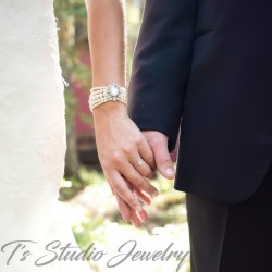 3 Strand Pearl Bridal Wedding Necklace with Offset Crystal Centerpiece