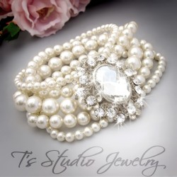 3 Strand Pearl Bridal Wedding Necklace with Offset Crystal Centerpiece