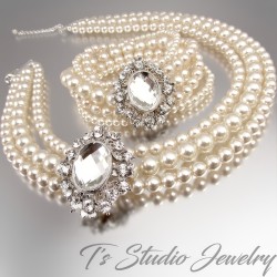 3 Strand Pearl Bridal Wedding Necklace with Offset Crystal Centerpiece