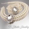 3 Strand Pearl Bridal Wedding Necklace with Offset Crystal Centerpiece