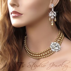 3 Strand Pearl Bridal Wedding Necklace with Offset Crystal Centerpiece