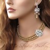 3 Strand Pearl Bridal Wedding Necklace with Offset Crystal Centerpiece