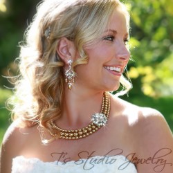 3 Strand Pearl Bridal Wedding Necklace with Offset Crystal Centerpiece