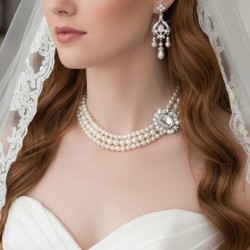 3 Strand Pearl Bridal Wedding Necklace with Offset Crystal Centerpiece
