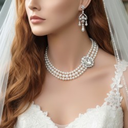 3 Strand Pearl Bridal Wedding Necklace with Offset Crystal Centerpiece
