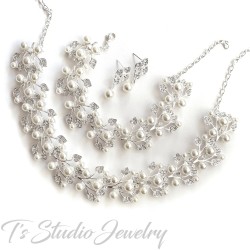 Pearl & Crystal Bridal Wedding Jewelry Necklace Bracelet Earrings Set