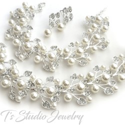Pearl & Crystal Bridal Wedding Jewelry Necklace Bracelet Earrings Set