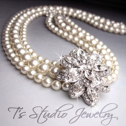 3 Strand Pearl Bridal Wedding Necklace with Offset Crystal Centerpiece
