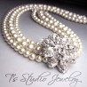 3 Strand Pearl Bridal Wedding Necklace with Offset Crystal Centerpiece