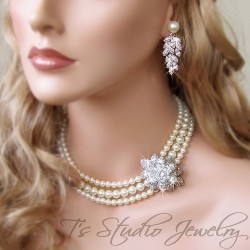 3 Strand Pearl Bridal Wedding Necklace with Offset Crystal Centerpiece