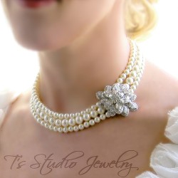 3 Strand Pearl Bridal Wedding Necklace with Offset Crystal Centerpiece