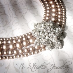 3 Strand Pearl Bridal Wedding Necklace with Offset Crystal Centerpiece
