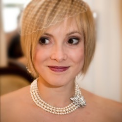 3 Strand Pearl Bridal Wedding Necklace with Offset Crystal Centerpiece