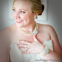 3 Strand Pearl Bridal Wedding Necklace with Offset Crystal Centerpiece