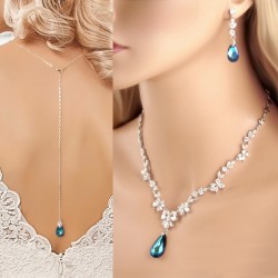 Something Blue Swarovski Crystal and Cubic Zirconia Bridal Wedding Necklace and Earring Set - Peacock Aqua Teal Jewelry Set
