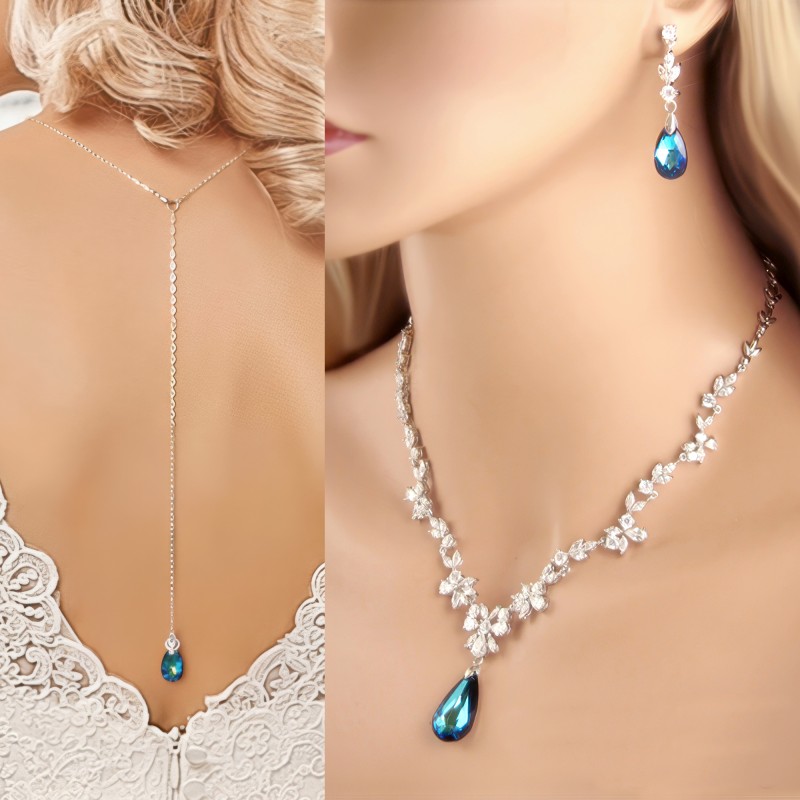 Something Blue Swarovski Crystal and Cubic Zirconia Bridal Wedding Necklace and Earring Set - Peacock Aqua Teal Jewelry Set Something Blue Swarovski Crystal and Cubic Zirconia Bridal Wedding Necklace and Earring Set - Peacock Aqua Teal Jewelry Set