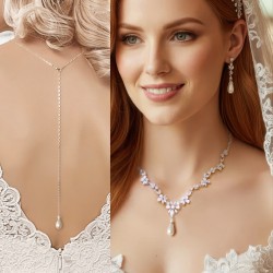 Backdrop Style Pearl Bridal Wedding Necklace and Earring Jewelry Set