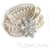 3 Strand Pearl Bridal Wedding Necklace with Offset Crystal Centerpiece